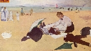 Kleines M�dchen wird am Meeresstrand von seiner Bonne gek�mmt na